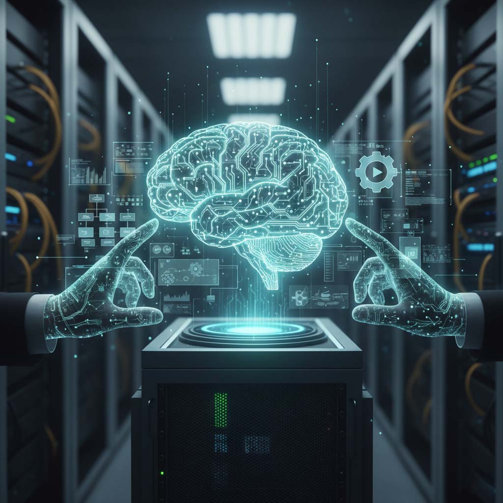 AI-powered IT infrastructure dashboard showing machine learning analytics, predictive monitoring, and intelligent automation systems
