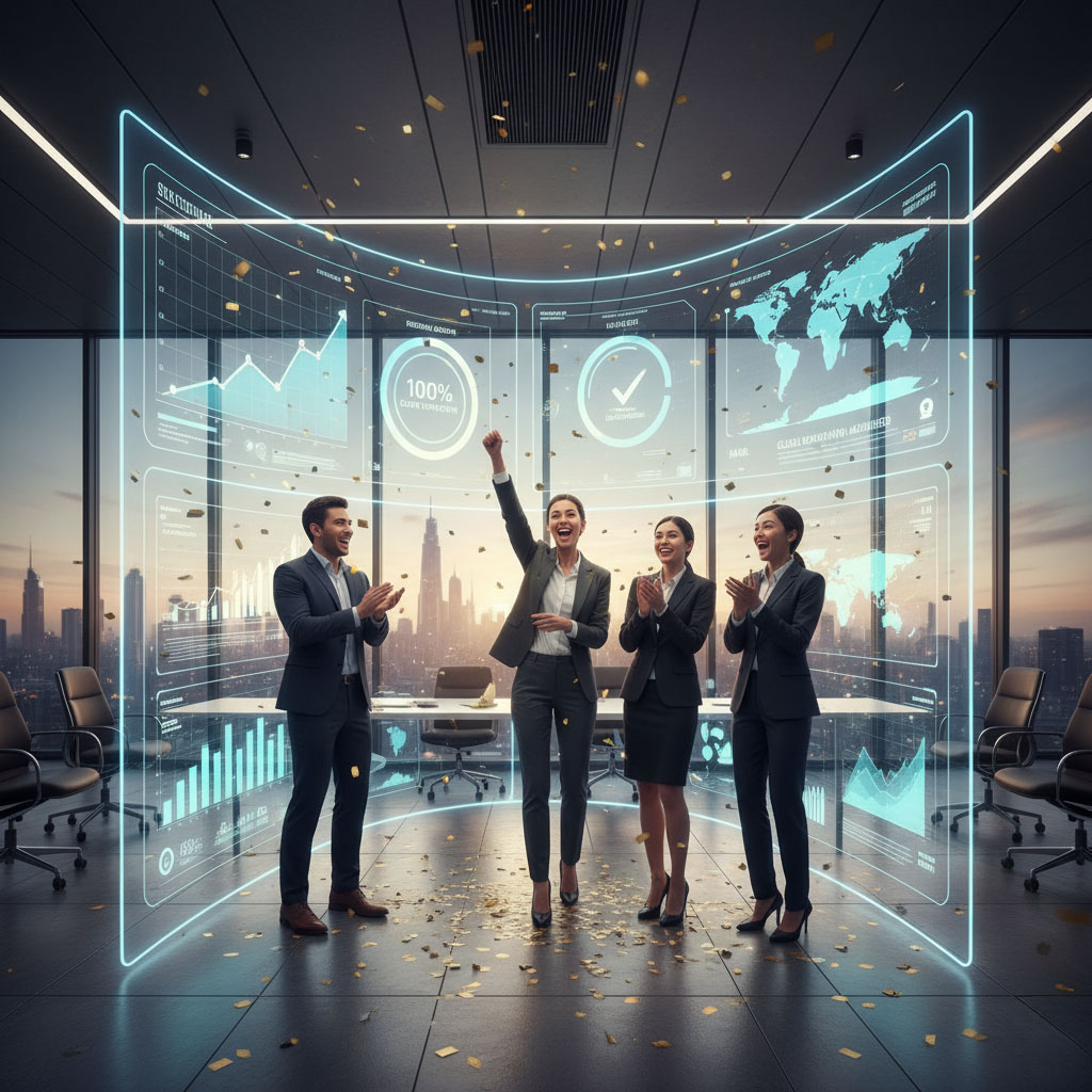 Customer success dashboard showing satisfied clients, project milestones, and successful IT implementations across various industries